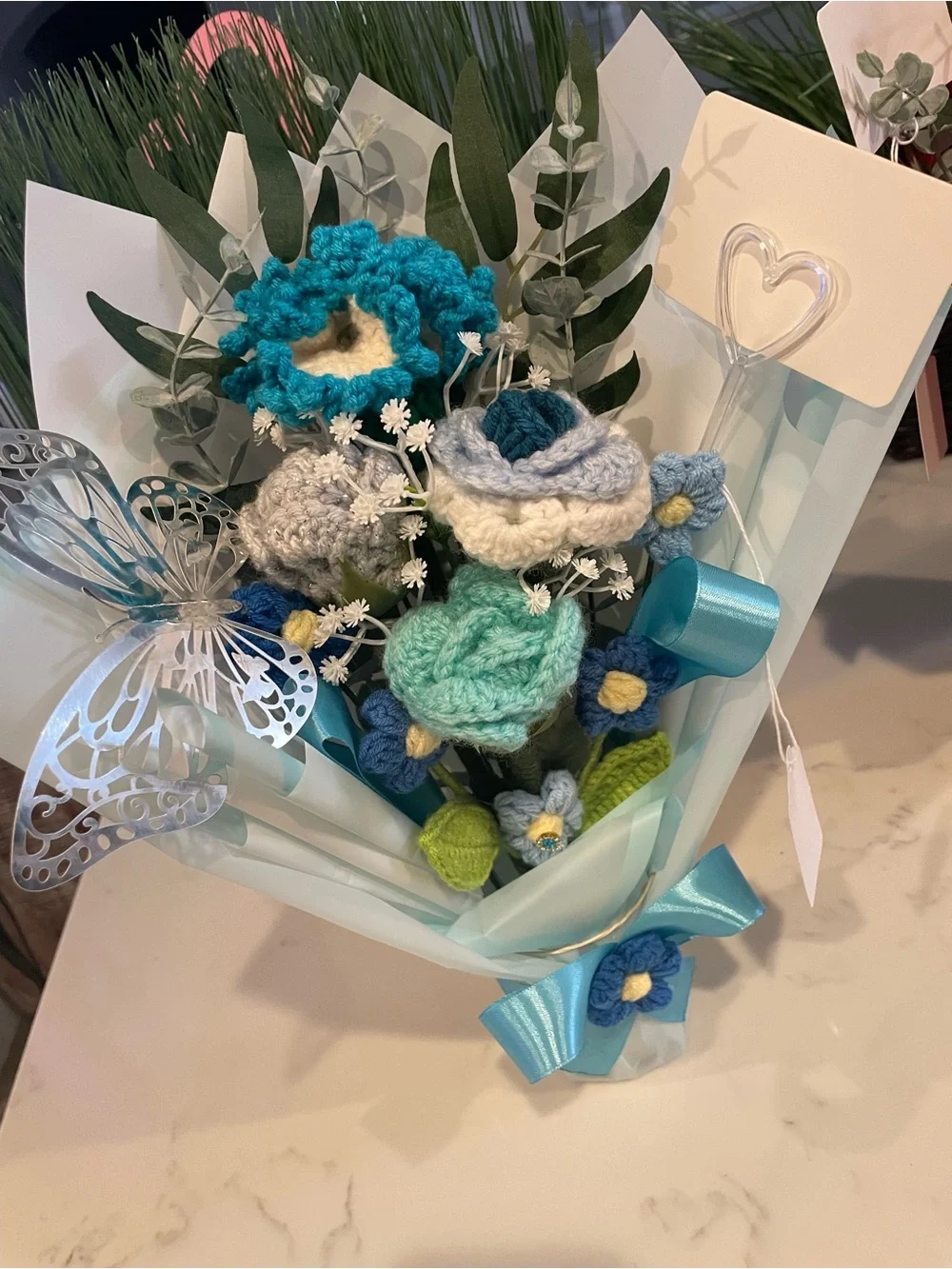 Handmade Crochet Blue & Teal Flower Bouquet - Home Accents